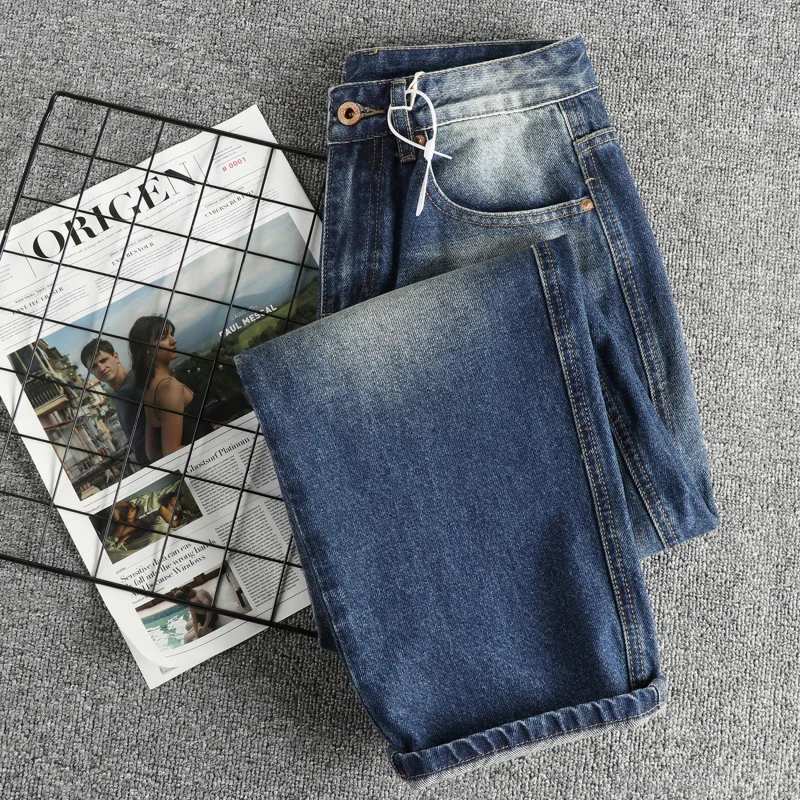 กางเกงยีนส์วินเทจสีน้ำเงินฟอกทรงหลวมขาตรงผ้าหนาสไตล์สตรีทเทรนดี้สำหรับผู้ชาย