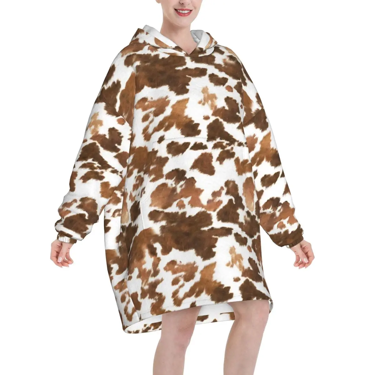 Rustic Cow Print Oversized Blanket Hoodie Sweatshirt Long Fleece Hooded Wearable Blanket with Large Pocket for Women Men