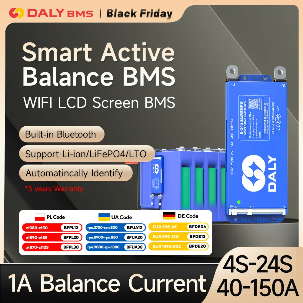 Daly-bms inteligente 4s lifepo4, bluetooth, Wifi, 8S, 24S, 40A, 60A, 80A, 100A, 150A, jk, balance activo, BMS, 16s, 48v, lifepo4, jk