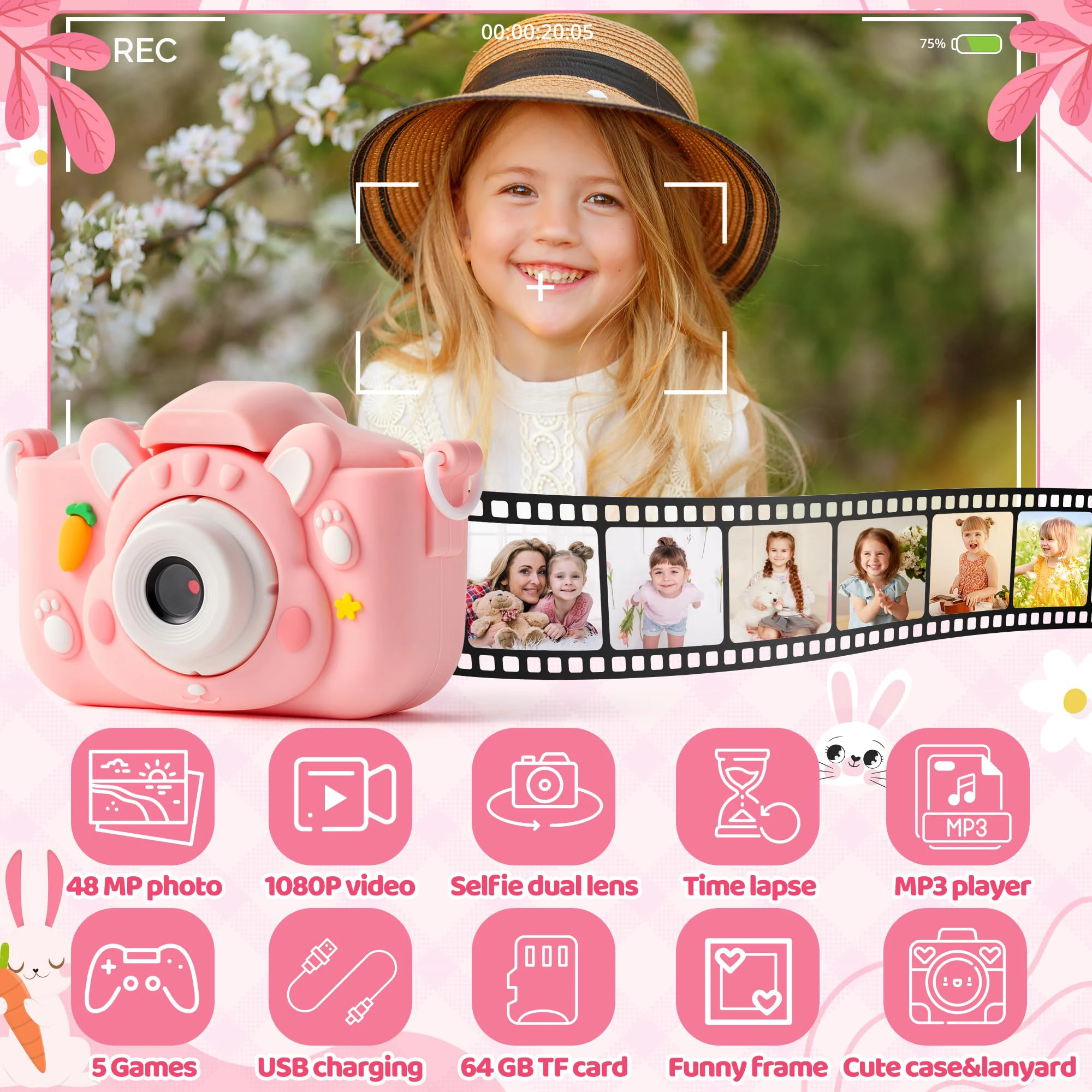 Kids' Camera with 64GB Memory Card, 48MP Resolution, 1080p HD Recording Perfect Holiday or Birthday Gift for Boys and Girls.
