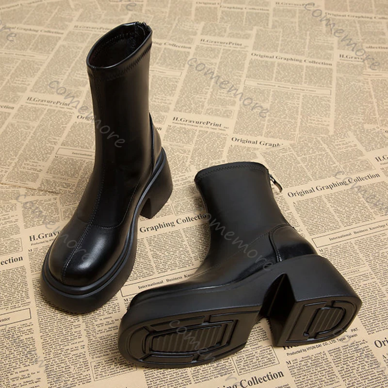 

Comemore Women's Black Platform Ankle Boots Autumn Winter New Chunky Heel Elastic Sock Booties Casual Leather Fashion Shoes