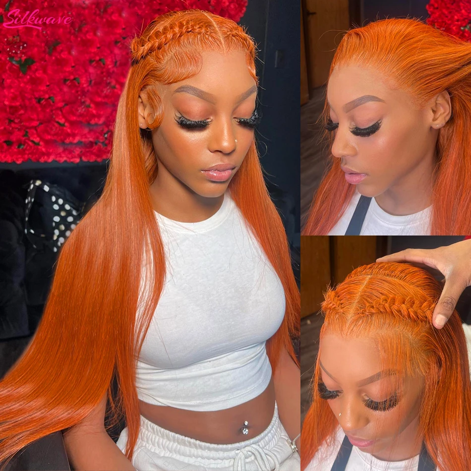 Perruque Lace Front Wig naturelle brésilienne, cheveux lisses, orange, 13x4, 13x6, HD, pre-plucked, 36 pouces, pour femmes