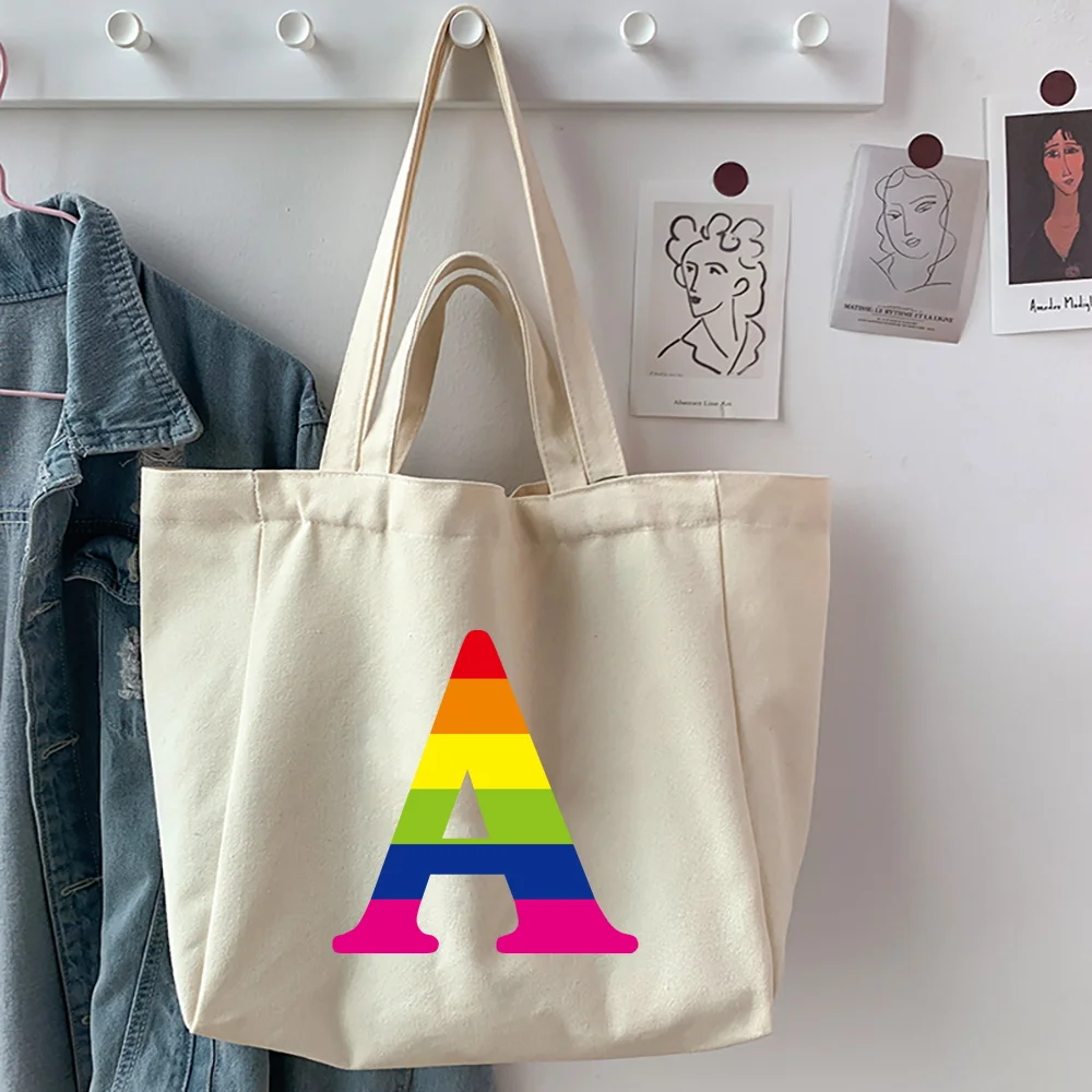 Canvas Shoulder Bag Rainbow 26 Letter Name Personalise Painting Student Shopper Books Handbag Large Tote for Women Shopping