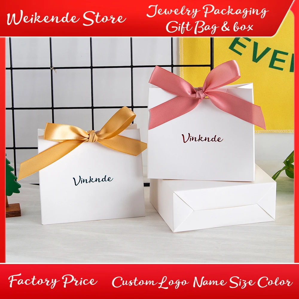 

Custom Logo Luxury White Pink Paper Bag With Bow Ribbon Jewelry Earrings Lipstick Perfume Packaging Pouches Weddin Party Gift