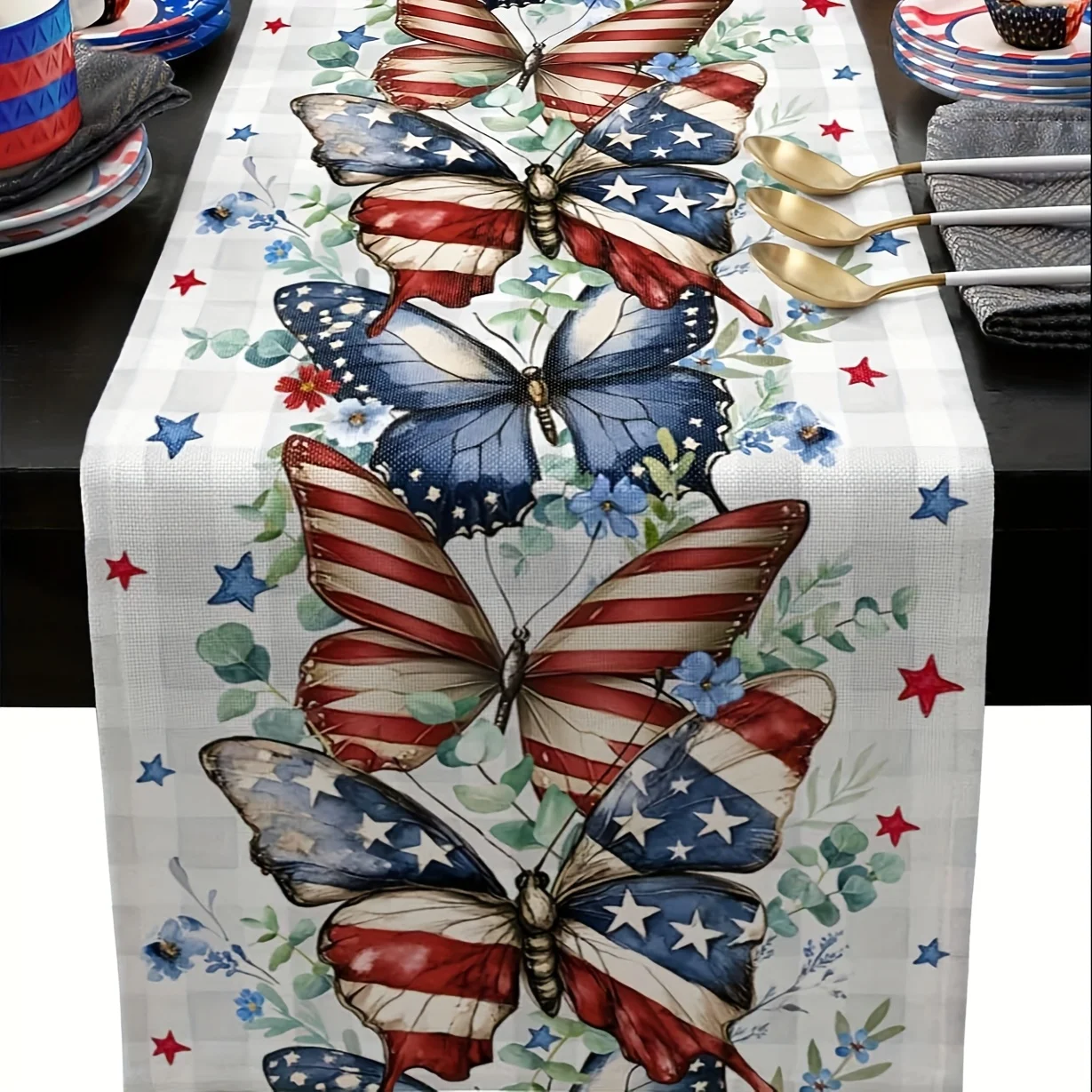 Independence Day Stars & Butterflies Table Runner - Patriotic Eucalyptus Plaid Cover for Memorial Day Party Dining Decor