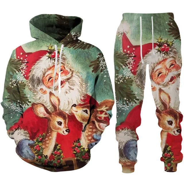 Men\'s Hoodie Sets Christmas Santa Claus Pattern Print 3D Hooded Sweatshirt Pants 2Pcs Suits Fall/Winter Oversized Couple Clothes