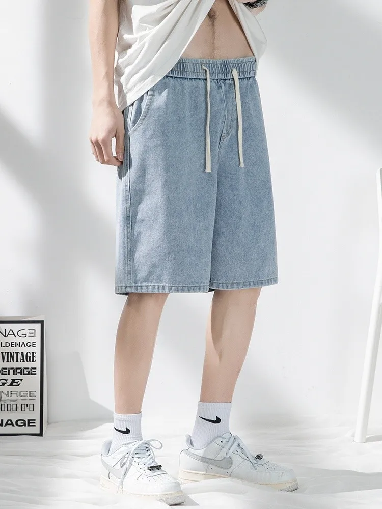 

Светло-голубые мужские джинсовые шорты, летние, тонкие, свободного кроя, прямые, со средней посадкой, длиной до колена, повседневные, из смесового хлопка, износостойкие