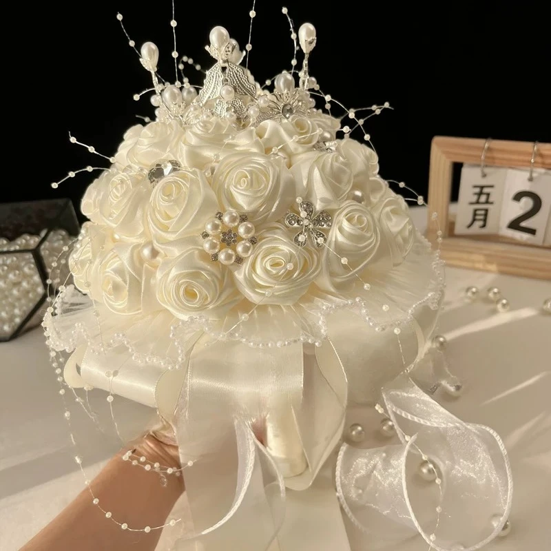 Bouquet de mariée haut de gamme, ruban de strass de luxe, simulation de mariage, produit fini