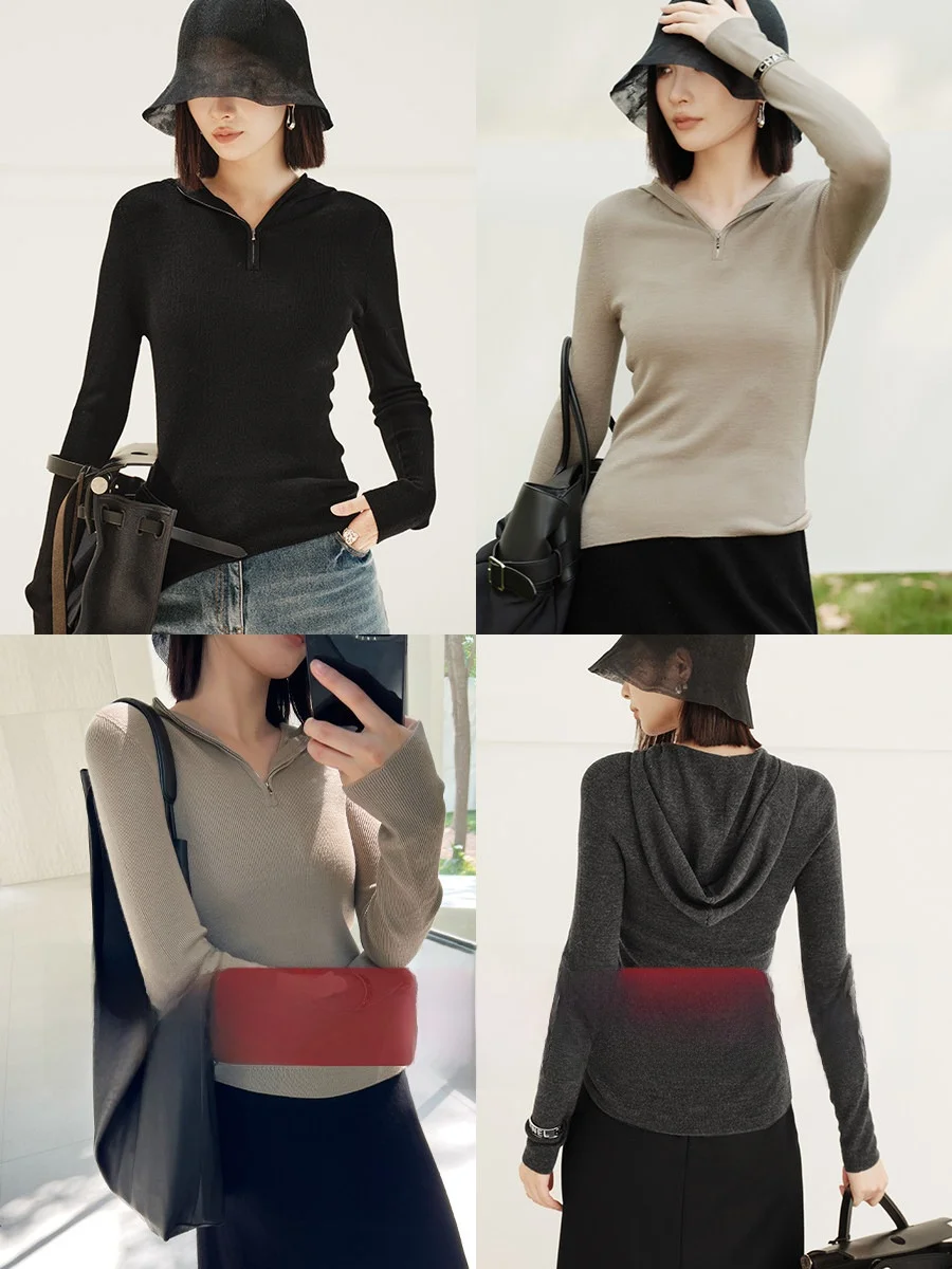 

Женская модная осенняя длинная кофта Amyy Studios из 100% шерсти с капюшоном, на молнии, приталенного кроя, вязаная, комфортная