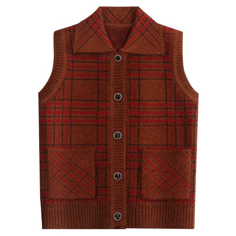 XL-4XL Warm Women Vest New Lapel Sleeveless Sweater Top Plaid Middle Aged Mother Knitwear Jacket Grandma Cardigan Waistcoat