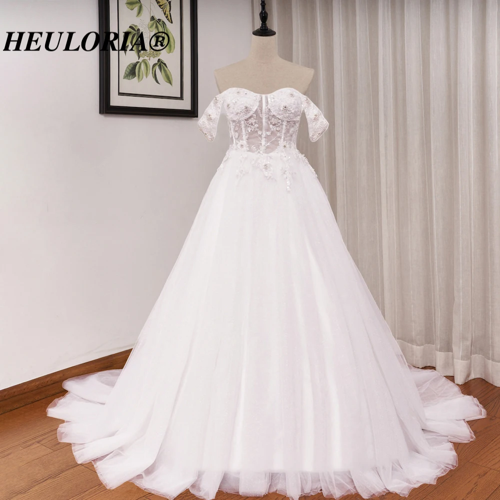 HEULORIA elegant A line wedding dress off shoulder lace beading bride dress with long train bridal gown Robe De Mariee