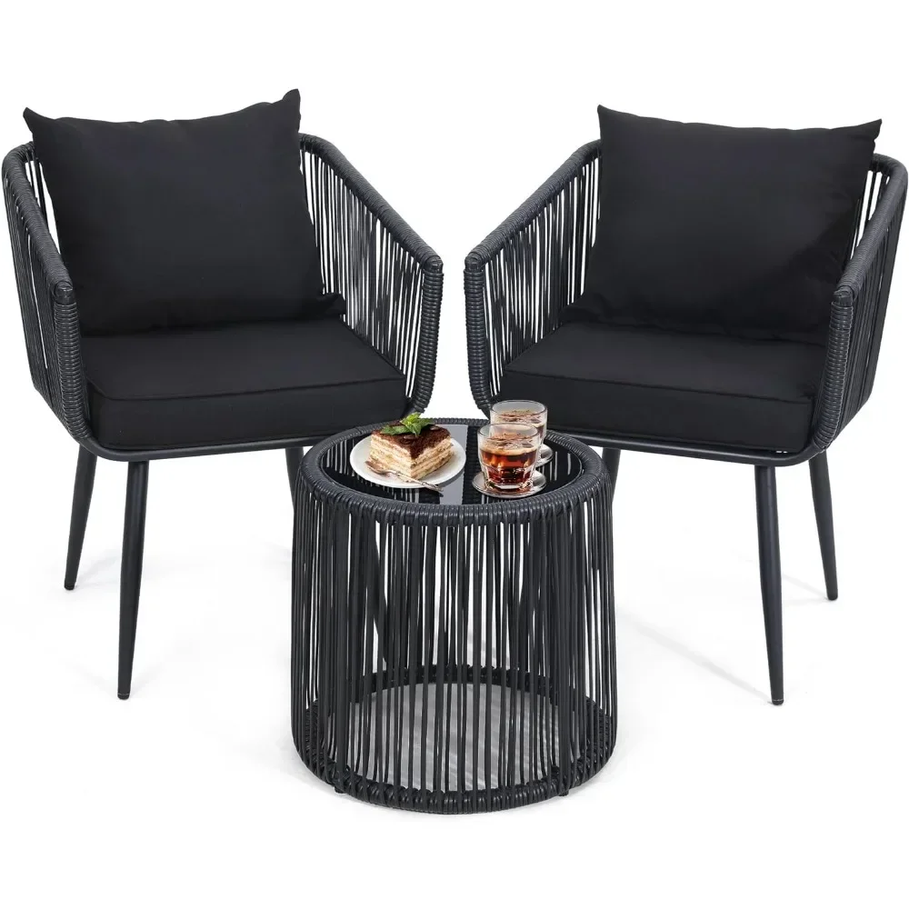 3 Pieces Patio Rattan Bistro Conversation Set, Outdoor All-Weather Wicker Furniture Chairs and Side Table Set Ideal for Balcony