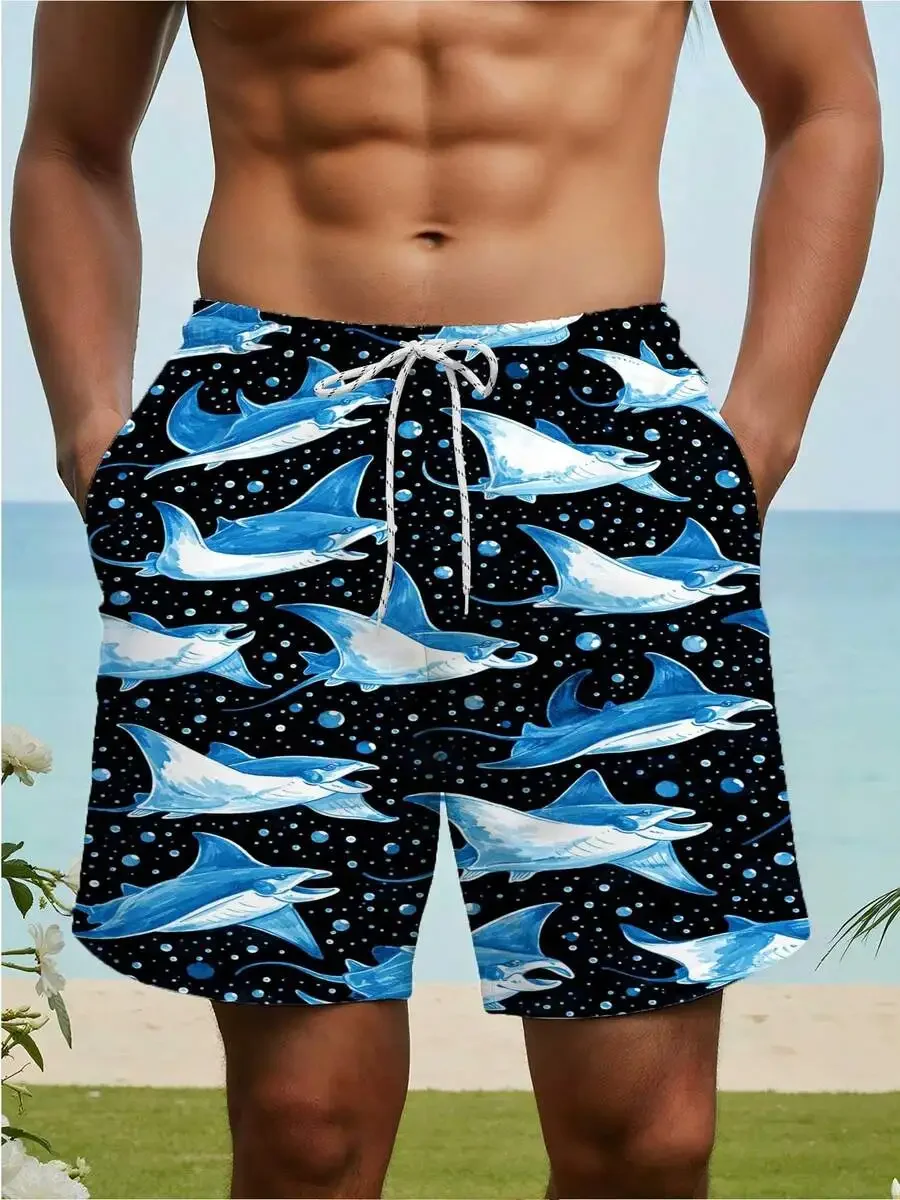 

Manta Ray Print Mens Beach Shorts Blue White Ocean Design