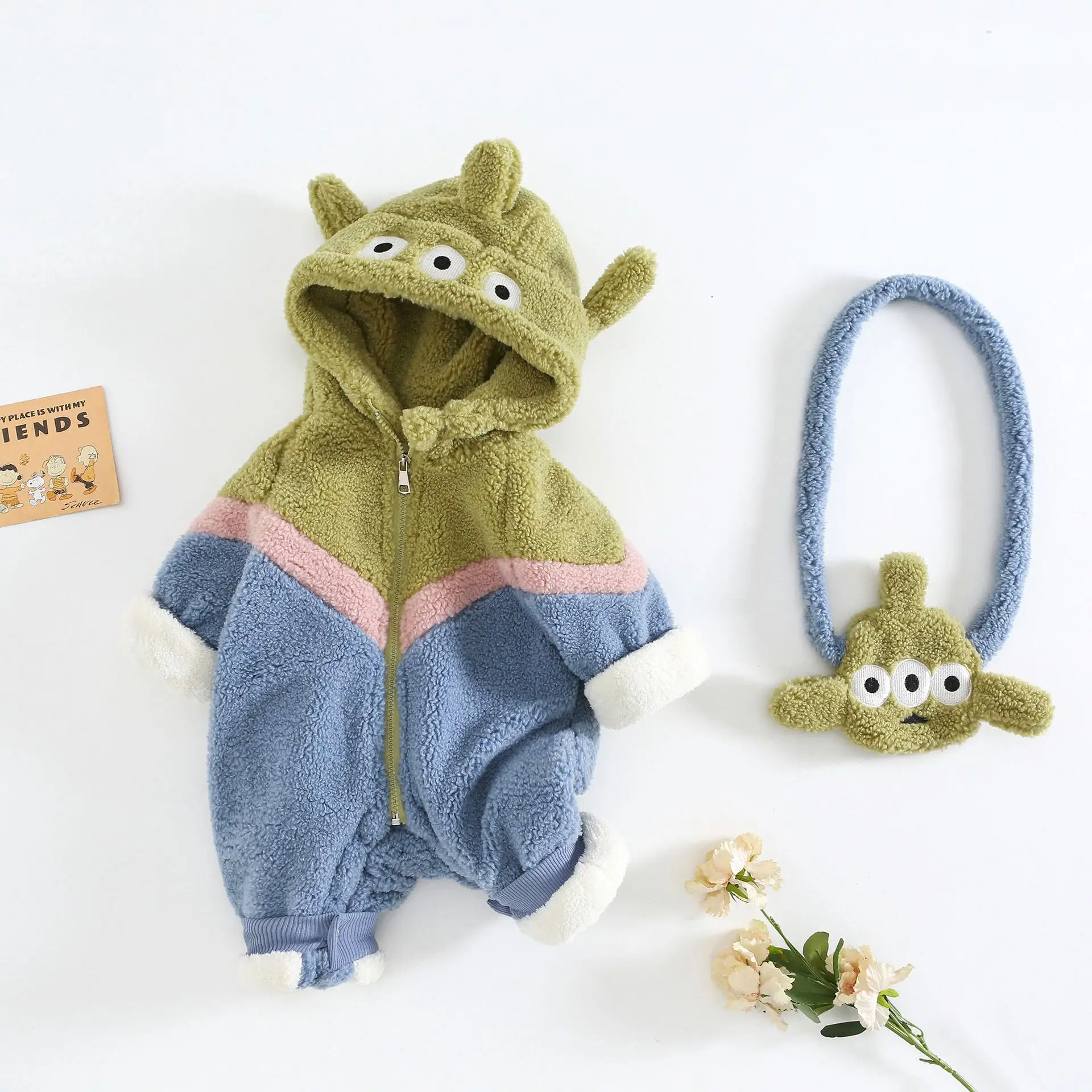 Disney Free Bag 2pcs Alien Autumn Winter Plush Thick Baby Clothes Climbing Clothes For Outdoor Wear Cartoon Cute Jumpsuit Kids