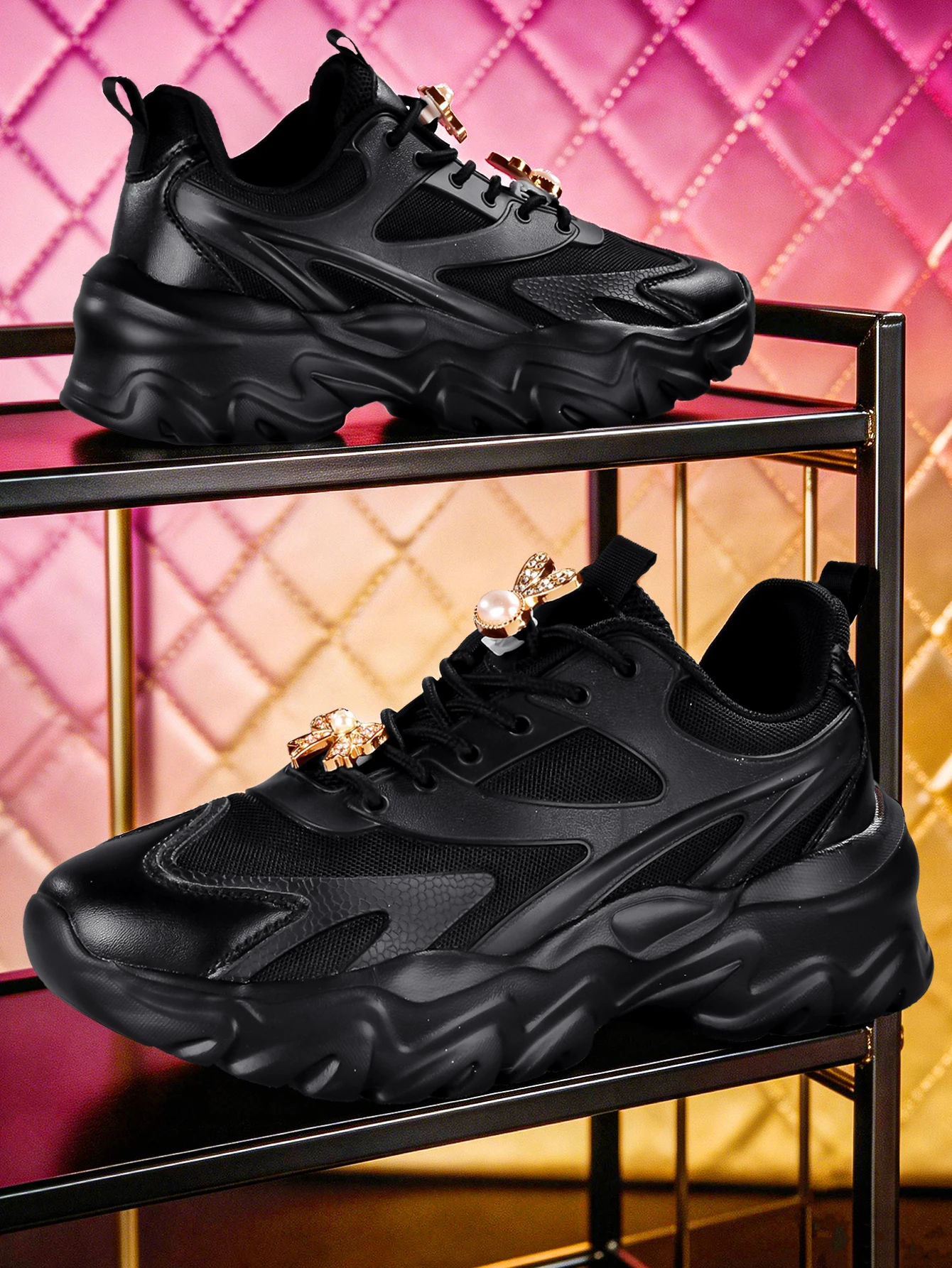 Women's 2026 New Sweet-Cool Spicy Girl Style Thick-Soled Shoes with 5cm Height Increase, Niche DIY Detachable Accessory Design, Versatile Black Casual Sneakers, Lightweight Breathable Mesh Fabric Upper, Customizable with Rhinestones, Pearls, Bows, and Rabbit Shoe Charms, Round-Toe Lace-Up Soft and Flexible Non-Slip Wave Sole, Suitable for All Seasons, Perfect for Daily Commuting, Shopping, and Various Occasions