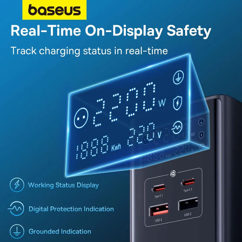 Baseus 35W Fast Charging Digital Power Strip 7-in-1 Charging Station 4000W Rated Power Digital Display For iPhone 14  13 Pro Max