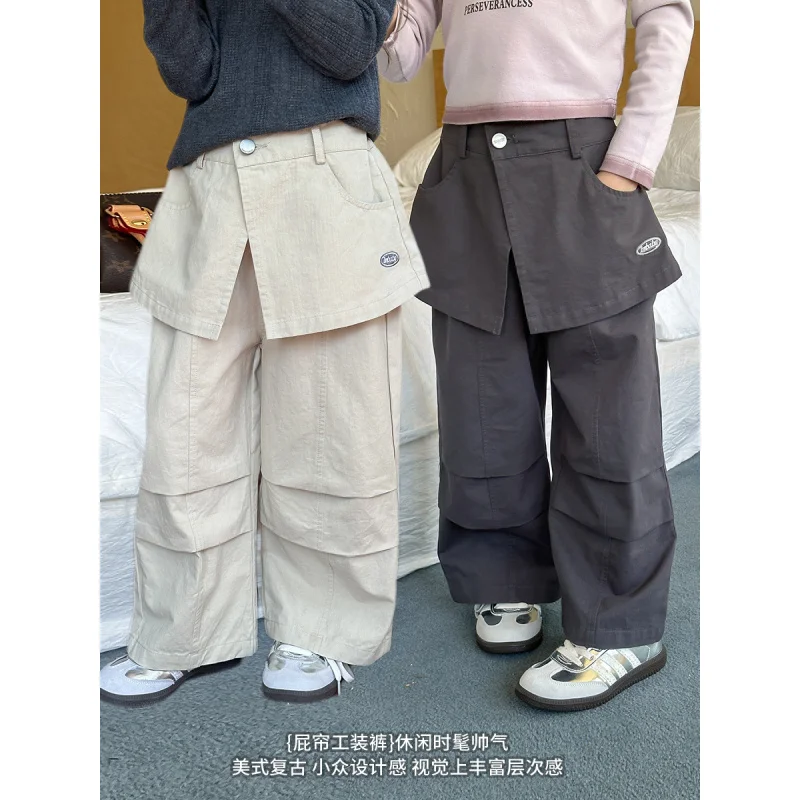 

2024Autumn New Children's FashionPCurtain Overalls Fashionable Girls Casual Handsome Pleated Straight-Leg Pants