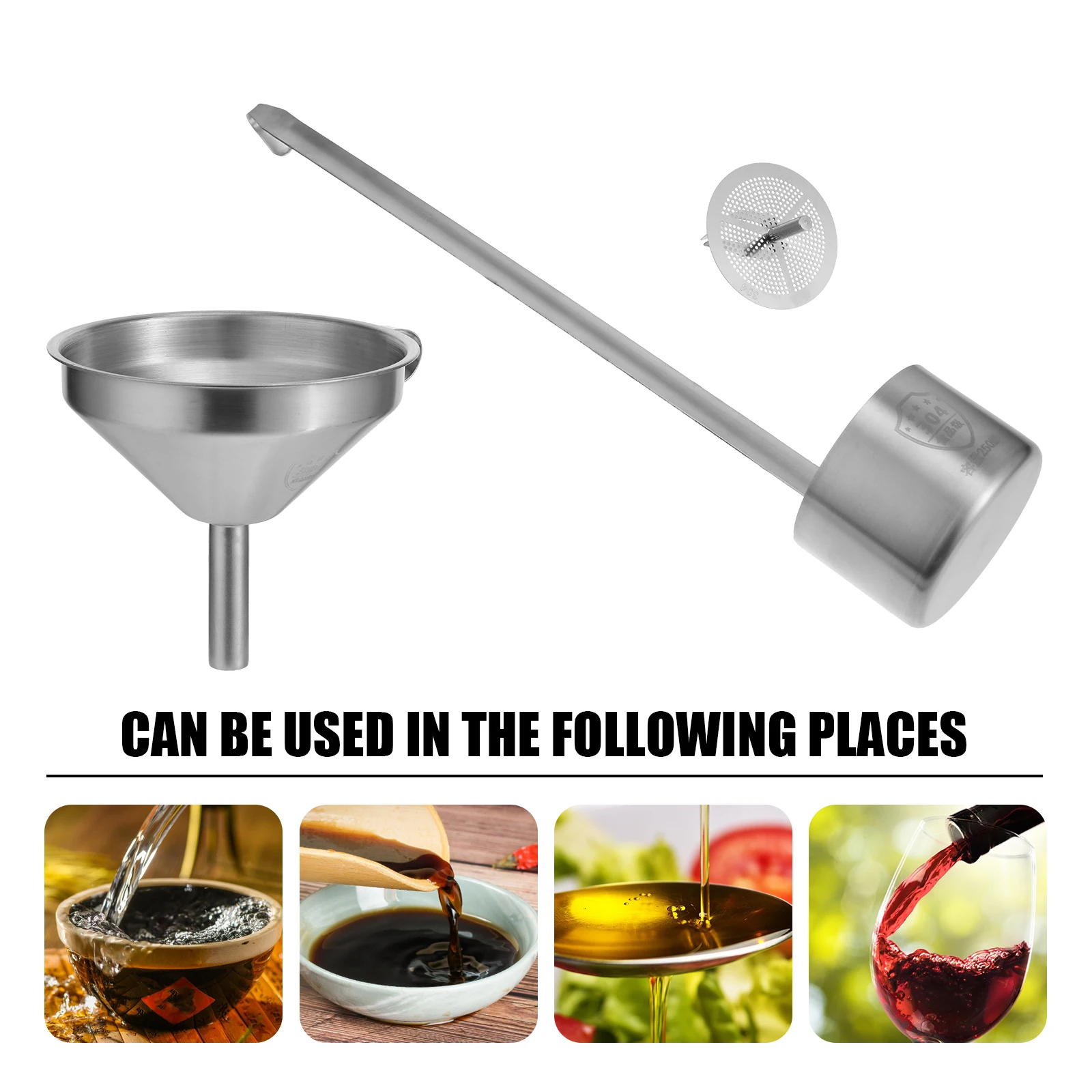 

Stainless Steel Funnel Ladle Set Kitchen Oil Filter Sauce Spoon Long H Quantitative Use Easy Grip