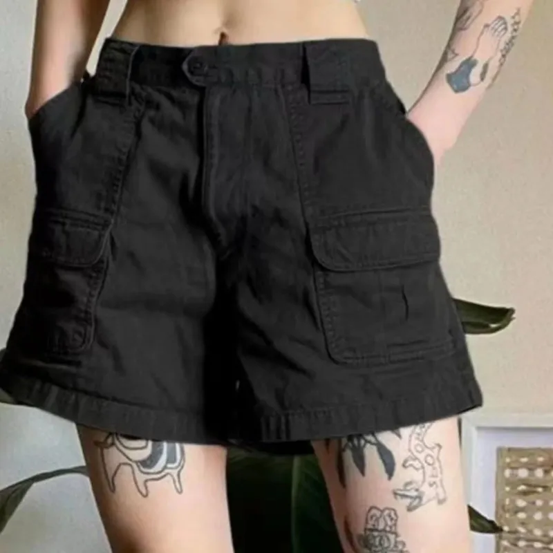 

Women's Black Cargo Denim Shorts Loose Fit A-Line Multi-Pocket Casual Pants