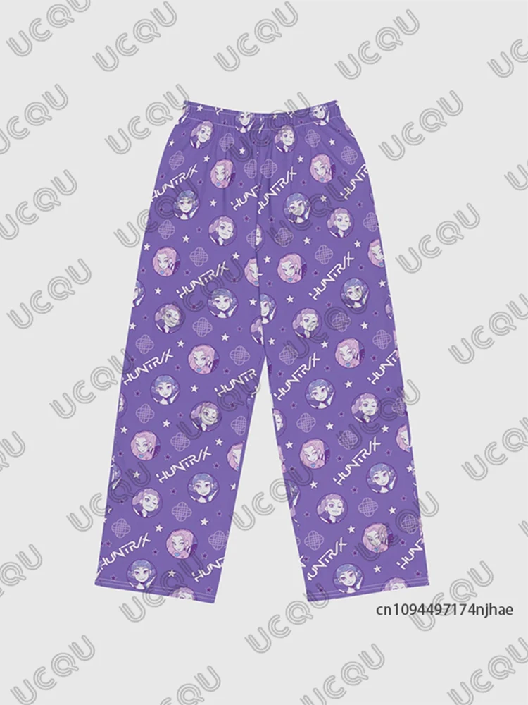 Spodnie piżamowe KPop Demon Hunters Huntrix z grafiką, kreskówkowe, codzienne, damskie i męskie, jesienno-zimowe, modne spodnie długie dla par.