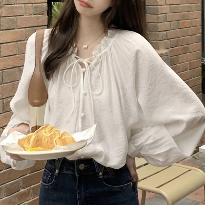 2024 New Summer Minimalist Loose Casual Commuting Versatile Fashion Tie Up Sweet Lace Collar Long Sleeved Sun Protection Shirt