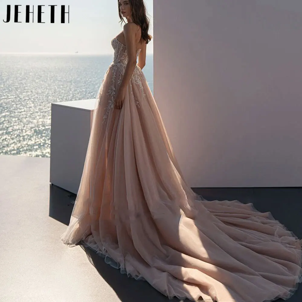 JEHETH Beach Champagne Sweetheart Neck Wedding Dresses 2024 Sexy Backless Sleeveless Bridal Gowns Lace Appliques Robe De Mariee