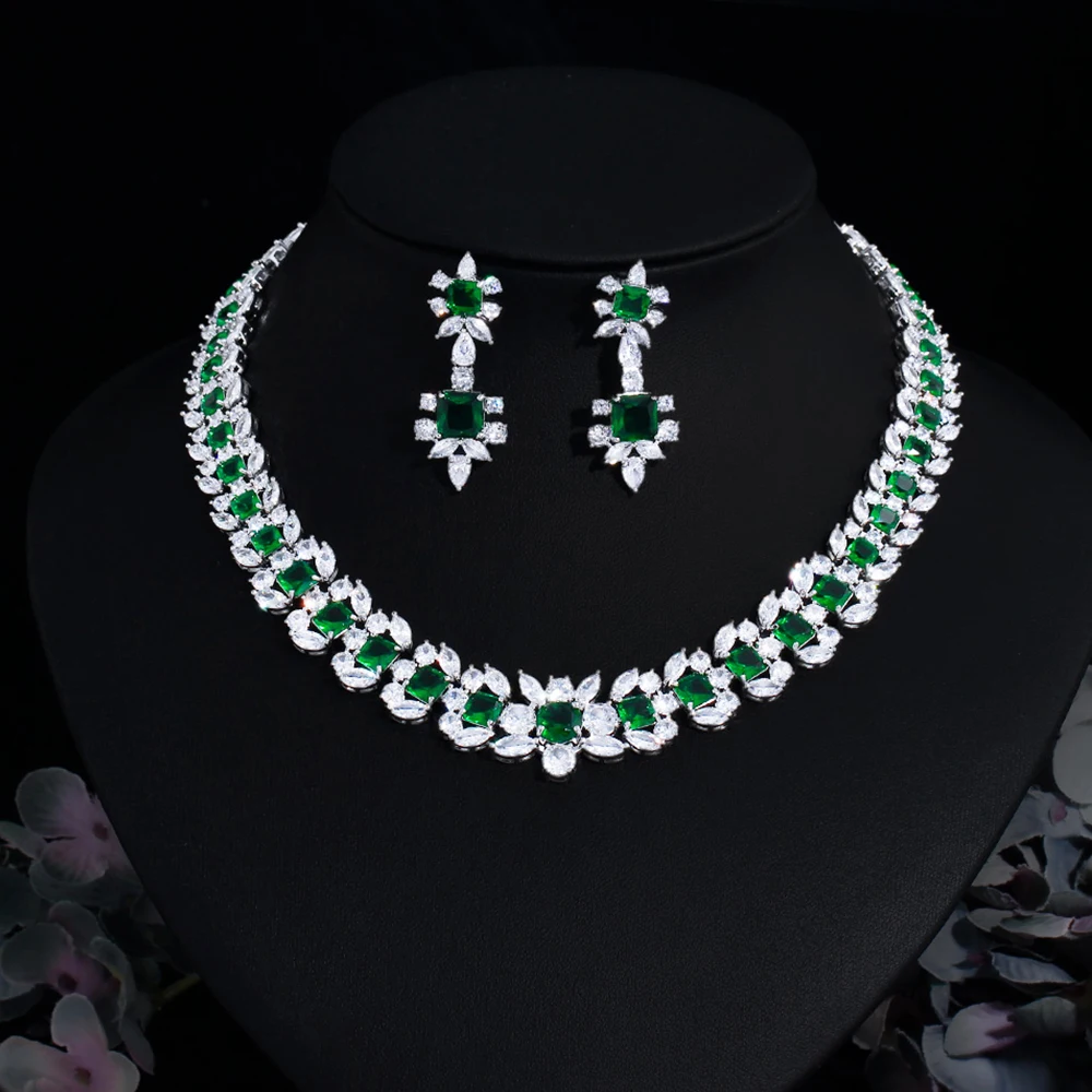 BeaQueen Sparkling White Gold Color Dark Green Cubic Zircon Chunky Necklace Earrings Luxury Dubai Women Bridal Jewelry Set JS387