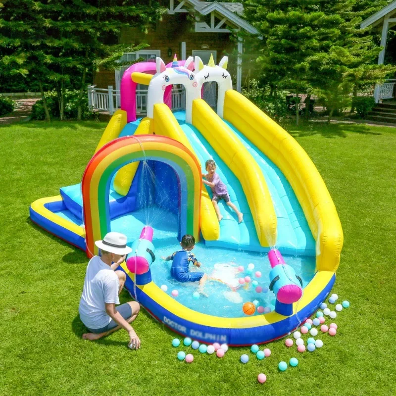 

Unicorn Theme Inflatable castle Bounce House with slide water spray gun pools ball pit Trampoline out door kids toy jumping bed