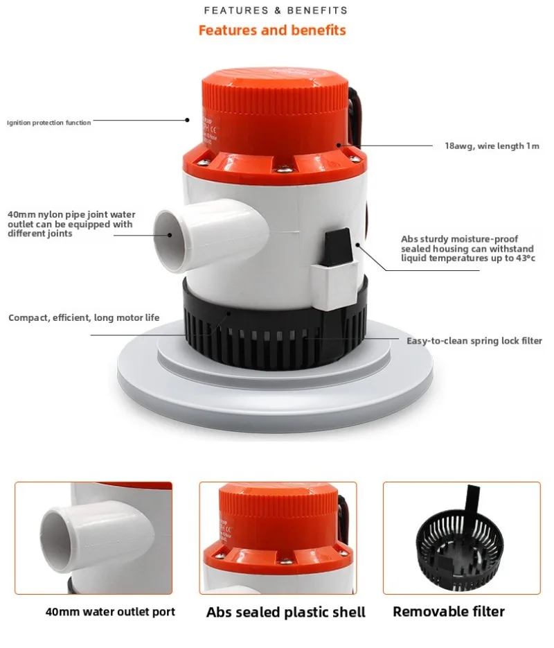 ​ 12V 24V Boat Bilge Pump 4700GPH High Flow DC Submersible Water Pump Self-Priming Marine Drain Pump