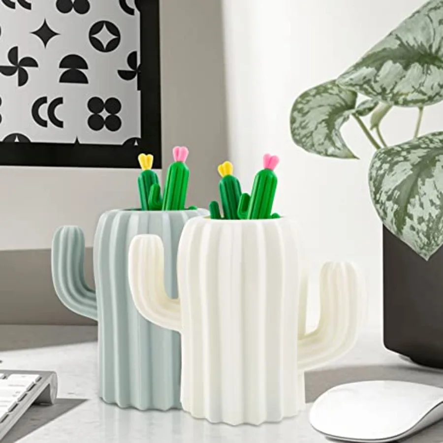 2 قطعة حامل أقلام الصبار مع 4 قطع مجموعة أقلام جل الصبار - منظم تخزين مستحضرات التجميل والقرطاسية متعدد الوظائف لصنع المكتب