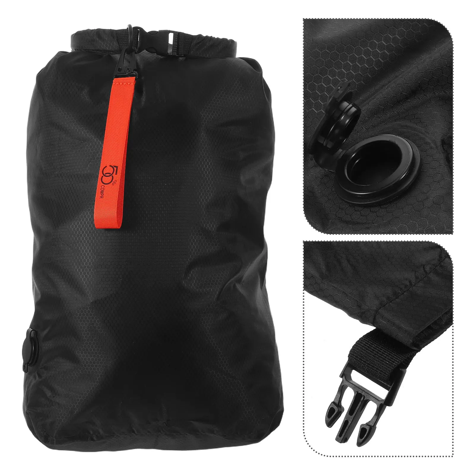 Portable Vacuum Compression Bag Black Nylon Travel Clothes Storage Large Capacity Dustproof Roll Up Seal Orange Strap
