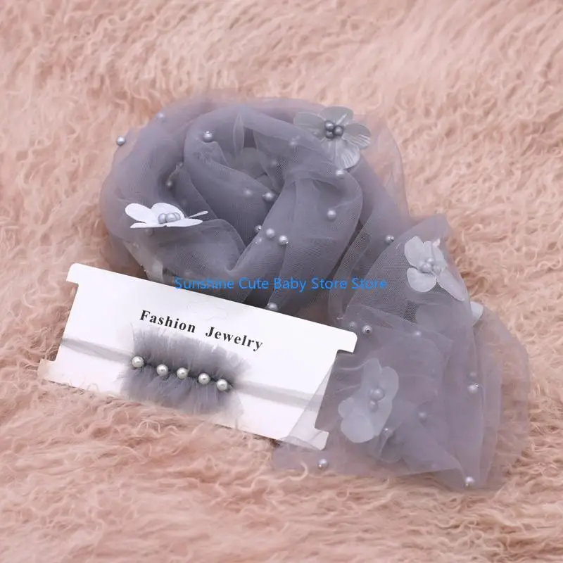 C5AF 2Pcs 신생아 사진 촬영 소품 긴 랩 쉬폰 비즈 꽃 장식 DIY 사진 소품 머리띠와 담요