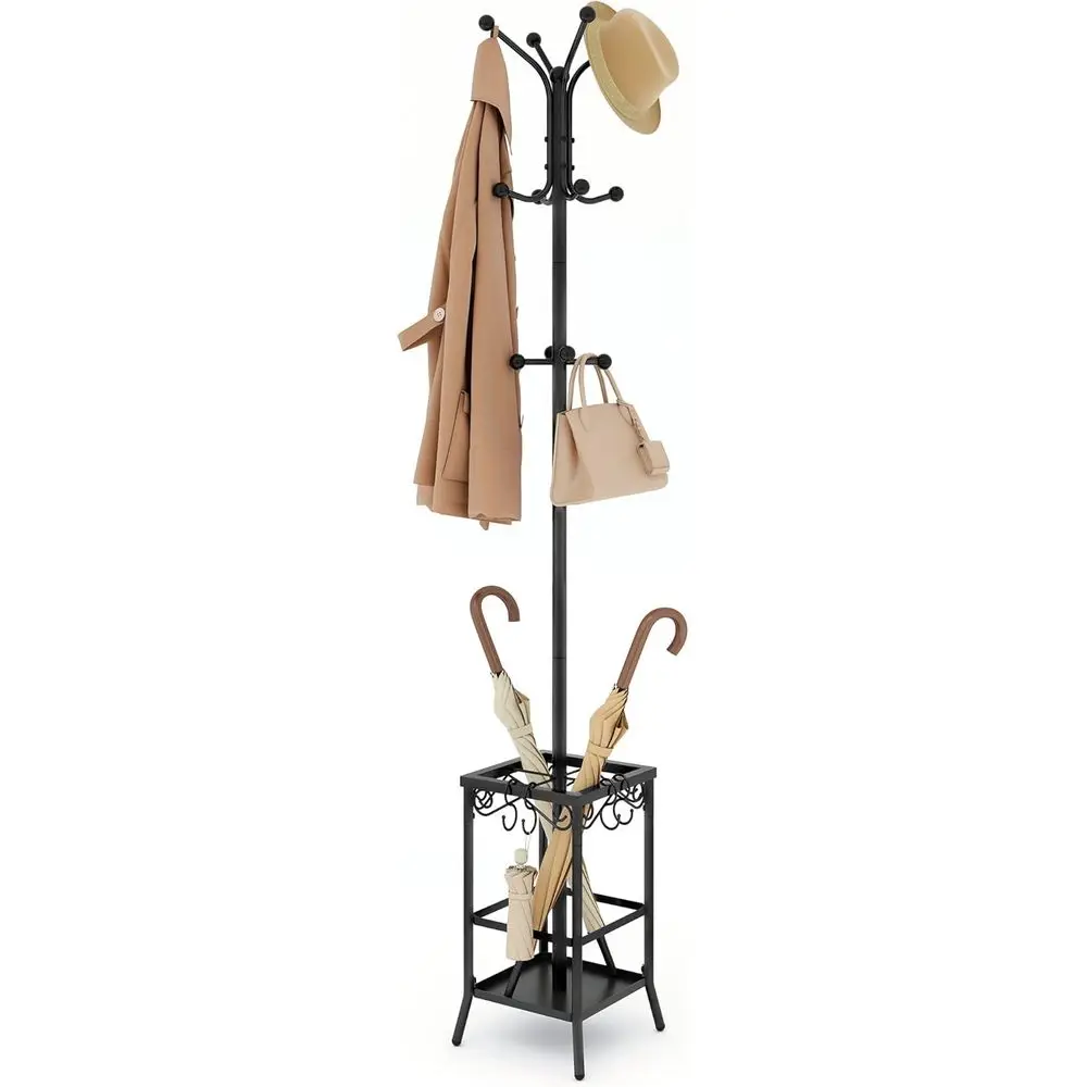 

Coat Rack reestanding, Coat Tree with Umbrella Holder, Metal Coat Rack Stand with 12 Hooks, Standing Coat Hanger Stand, Umbrella