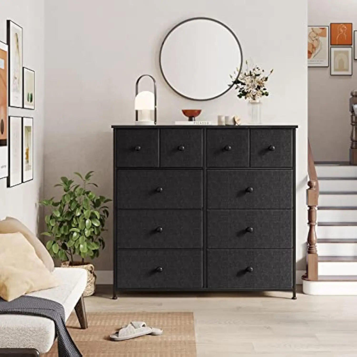 Dresser for Bedroom with 10 Drawers Wide Black Wood Top Fabric Storage Tower Sturdy Steel Frame Storage Organizer Living Room