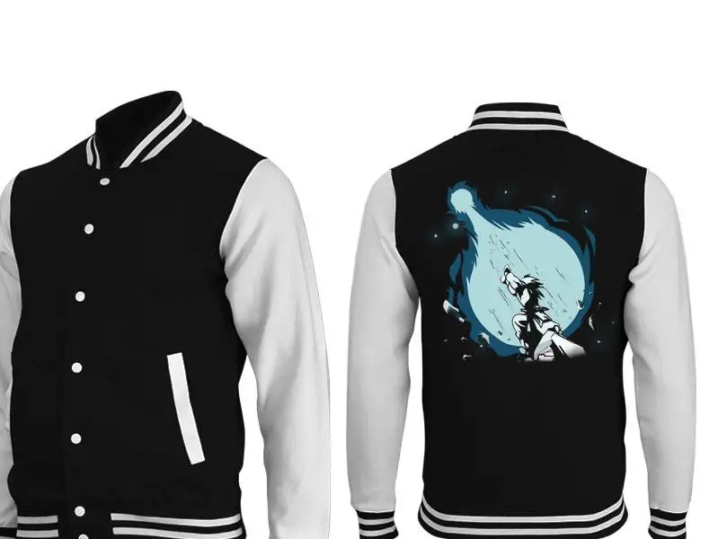 Jaqueta de beisebol Dragon Ball Goku, casaco universitário preto e branco com estampa traseira Super Saiyan Evolution e coleção Gi Art unissex