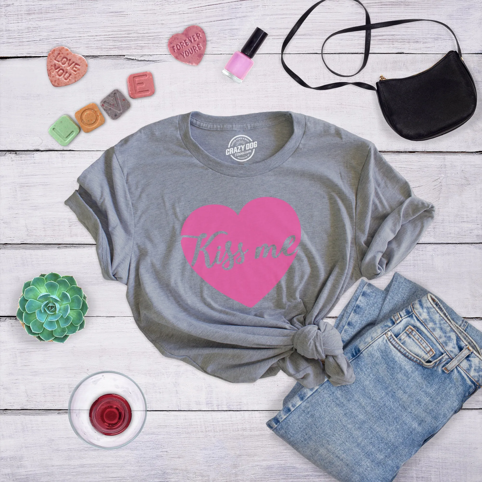 Valentines Day Kiss Me T Shirt Heart Love Cursive Wife Anniversary Lucky Newlywed Woman