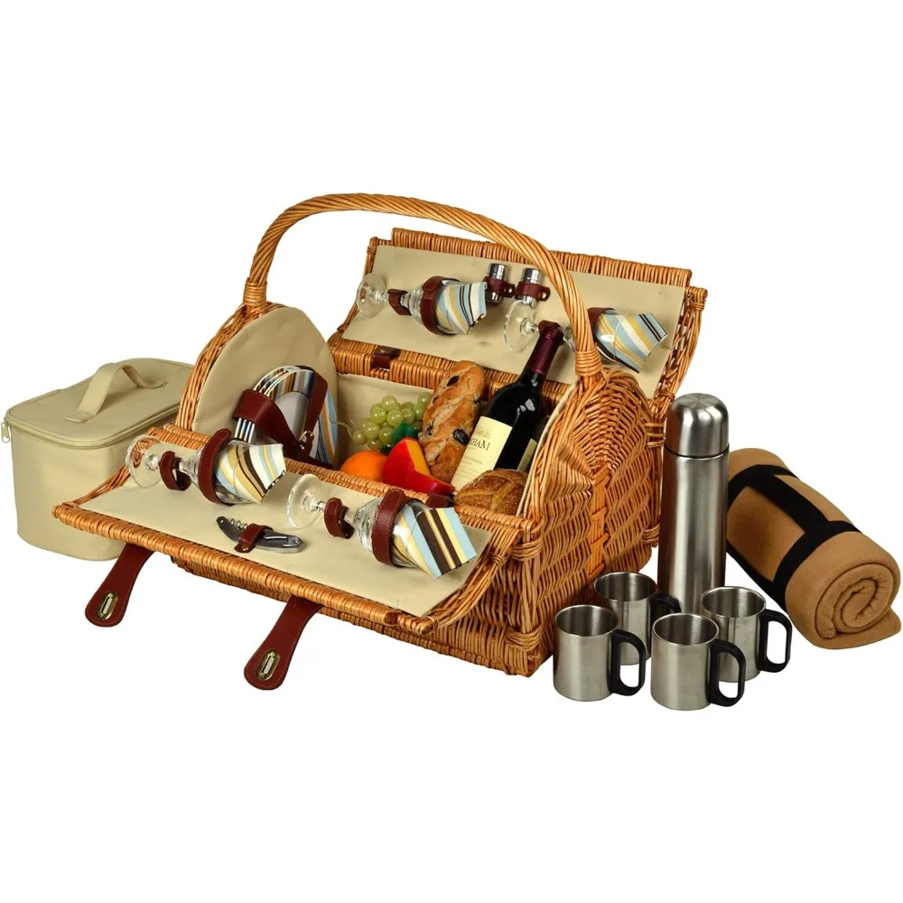 Yorkshire Willow Picnic Basket with Service for 4 with Blanket and Coffee Set