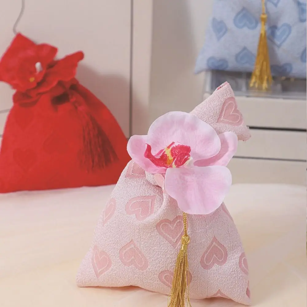 Borsa da polso con nappa a fiori in velluto Borsa per trucco per orchidee Borsa in stile cinese Temperamento Imballaggio di gioielli Scatola di zucchero festosa Capodanno