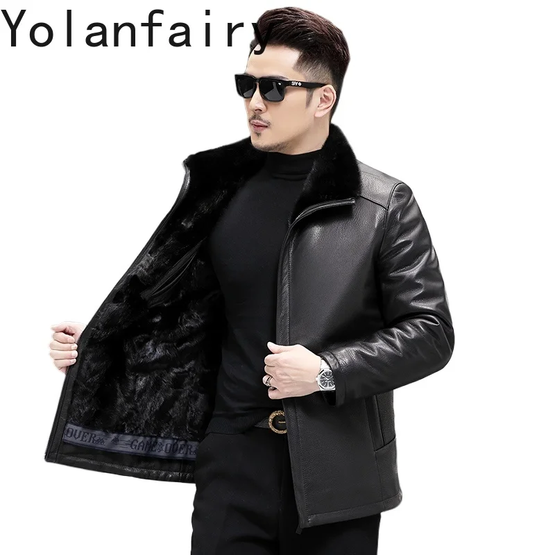 

YOLANFAIRY 100% Real Goatskin Genuine Leather Jacket Men Winter Luxury 2025 Mink Fur Liner Coat Mid-length Leather Jackets Man