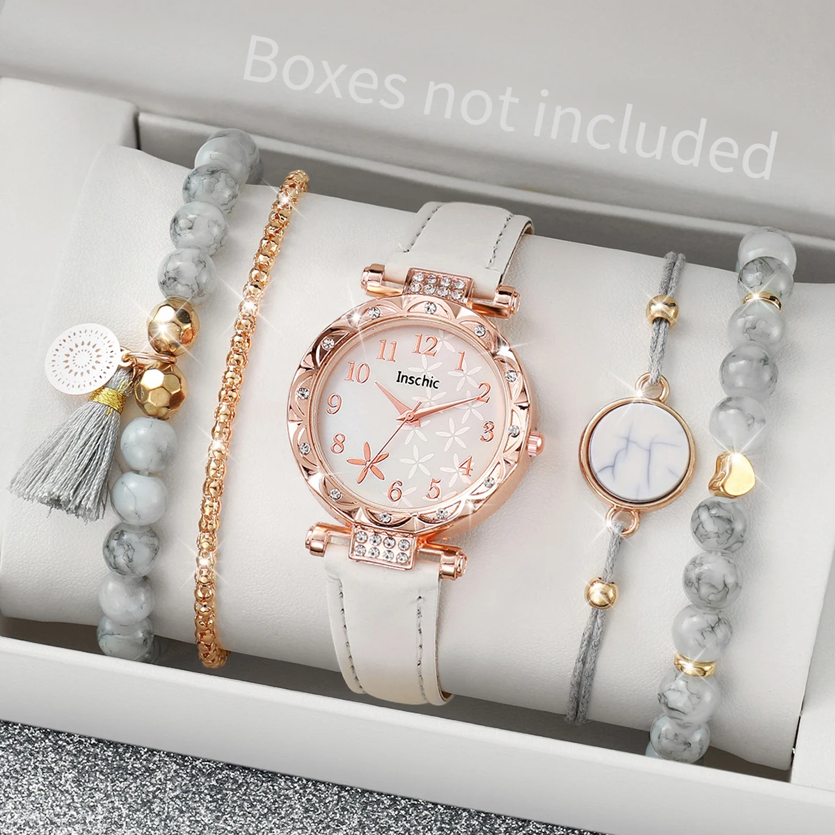 5PCS/Set Women\'s Watch Fashion Flowers Dial Leather Band Quartz Watches Beads Bracelet Set（Without Box）