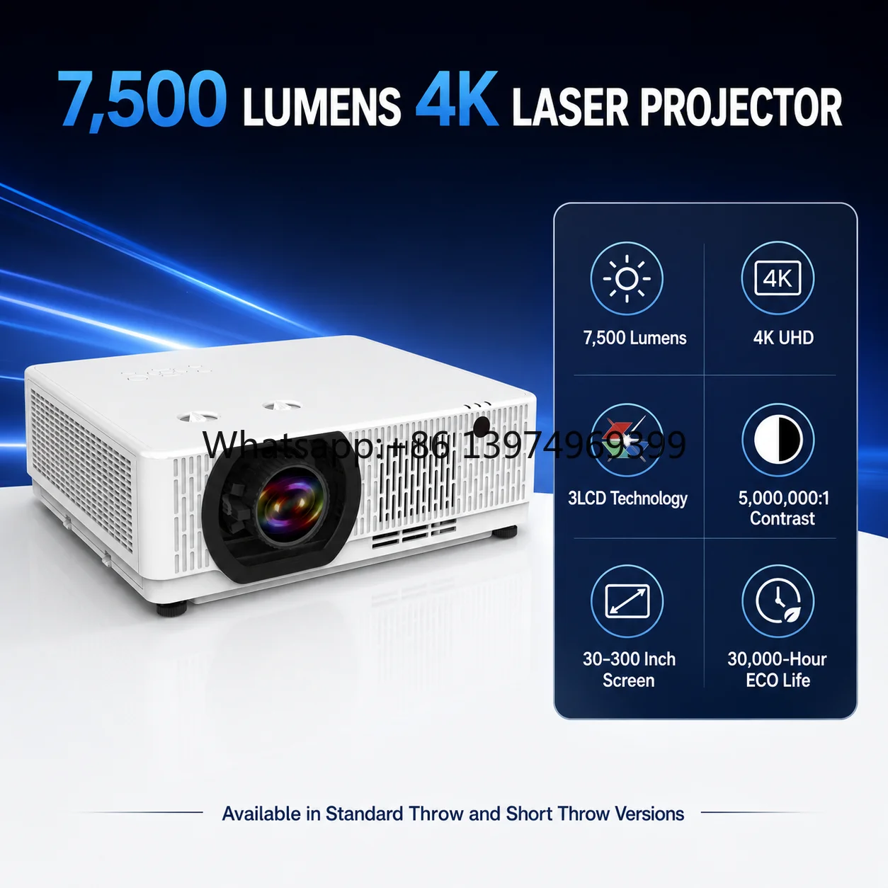 Professional 7500 Lumen 3LCD Laser Projector with 4K 60Hz Input HDR10 Support Built-In Speakers Short Throw 2-Year Warranty