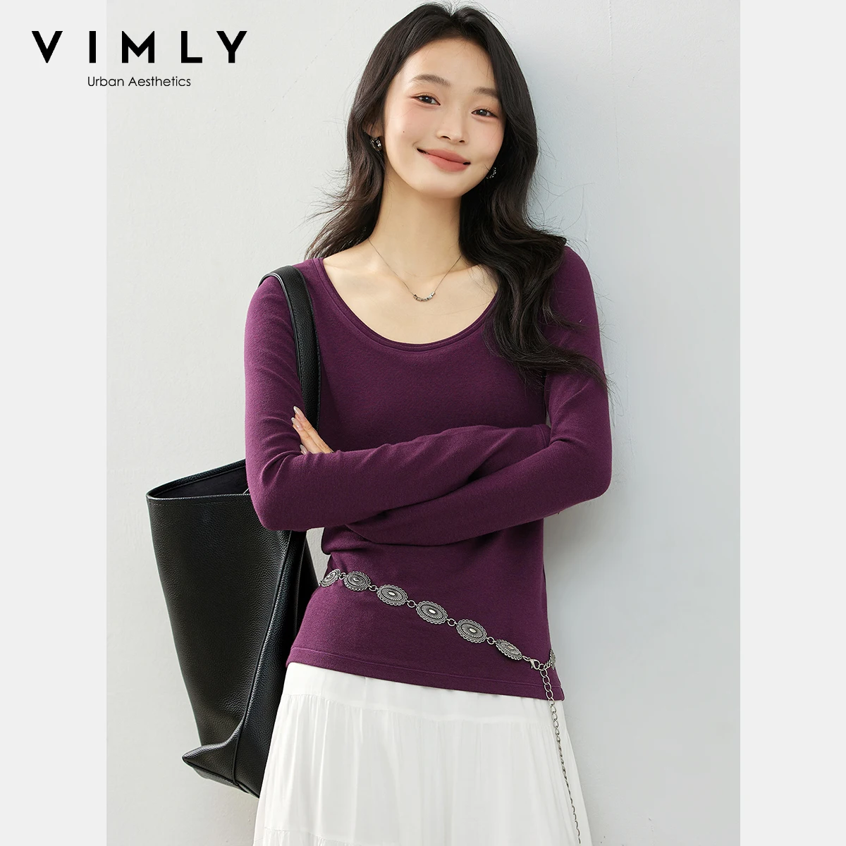 

VIMLY Women's Long Sleeve Red T-shirt 2025 Autumn New Crop Knitted Double-layer Casual Slim Female Tops Woman clothes A1965