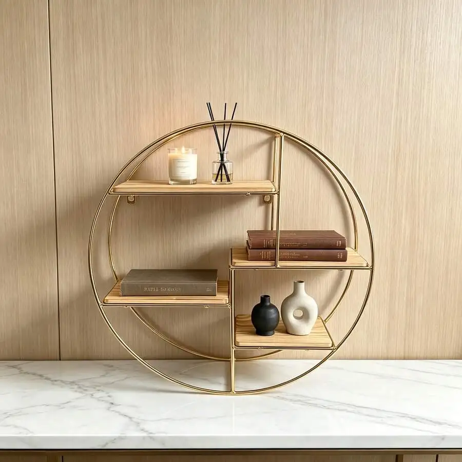 Modern Round Floating Shelves For Wall Mounted Decor, Black Circle Metal Wire And Wood Geometric Wall Shelf, 4 Tier Plant And Cr