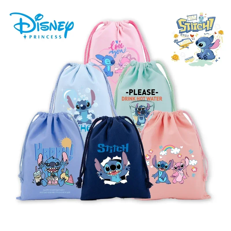 Lilo & Stitch Drawstring Pockets Disney Tote Bag Cute Cartoon Character Print Pure Cotton Storage Bags Large Capacity Portable