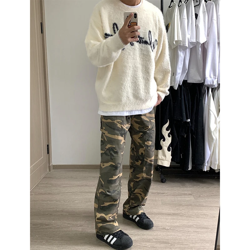 

Камуфляжные брюки с заклепками в стиле ретро, мужские весенне-осенние брюки в американском стиле, модная брендовая прямая рабочая одежда, брюки
