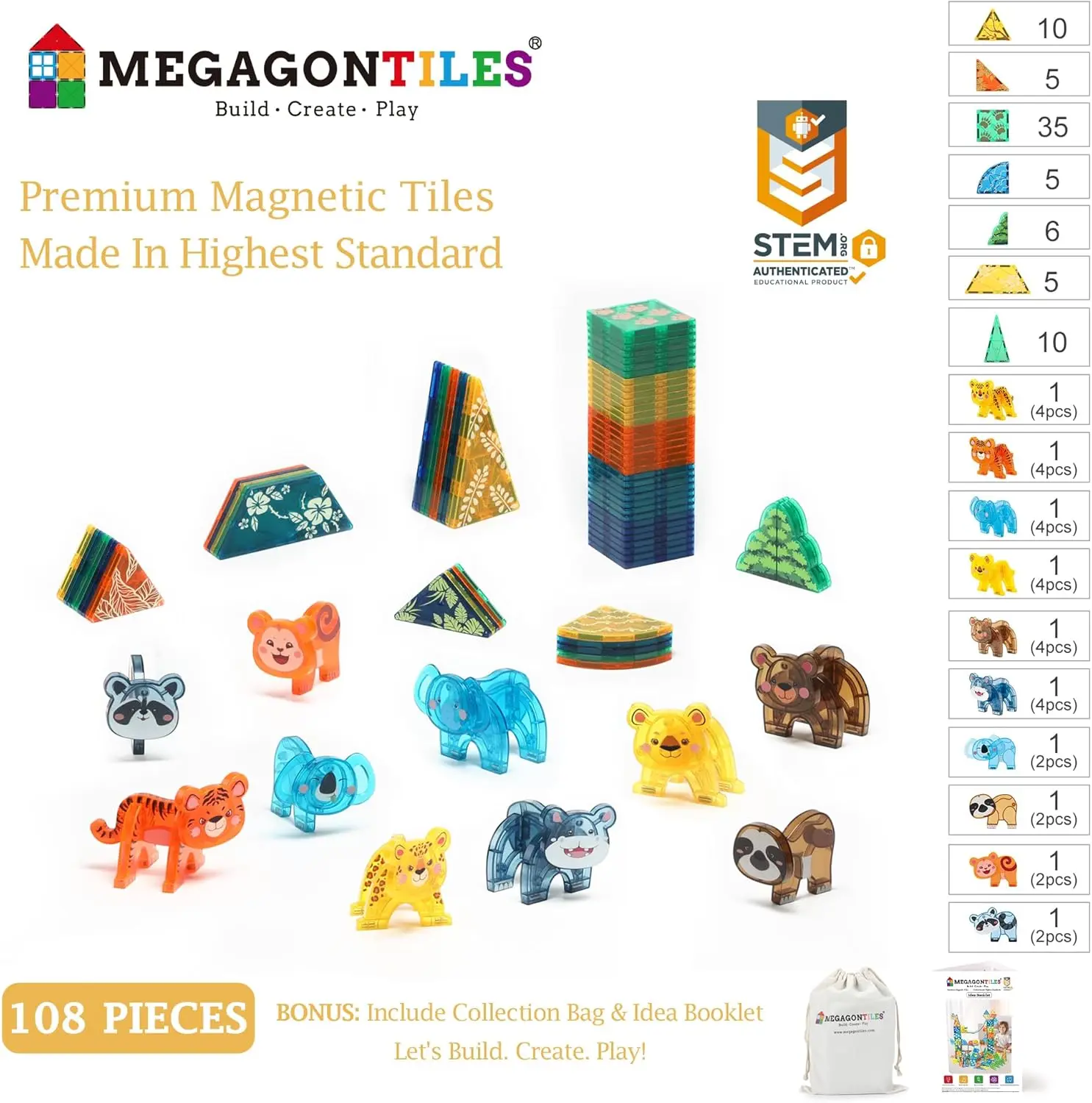 108 PCS Zoo Animals Magnetic Tiles Set,Magnet Building Blocks Farm World Toys,STEM AUTHENTICATED,Magnetic Animals for Kids Age 3