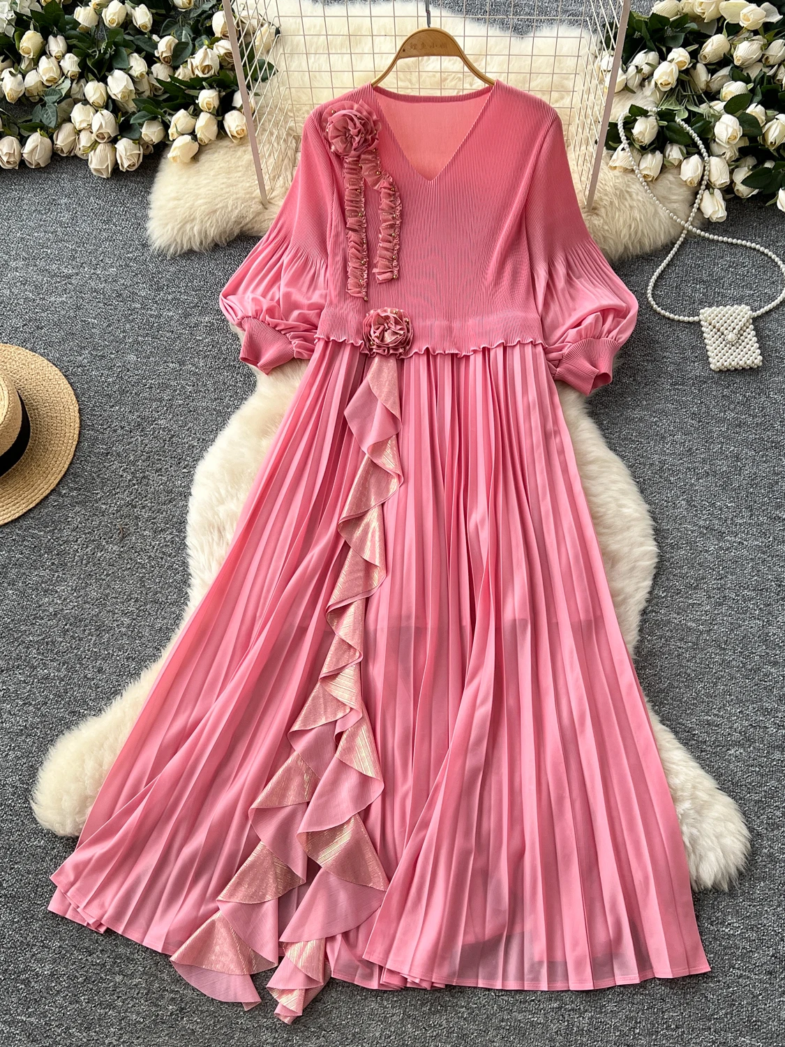 Ele Long Dr Falda acampanada de fibra de poliéster para mujer, diseño holgado, Faion Floral, cintura alta, coreana, para ir al trabajo