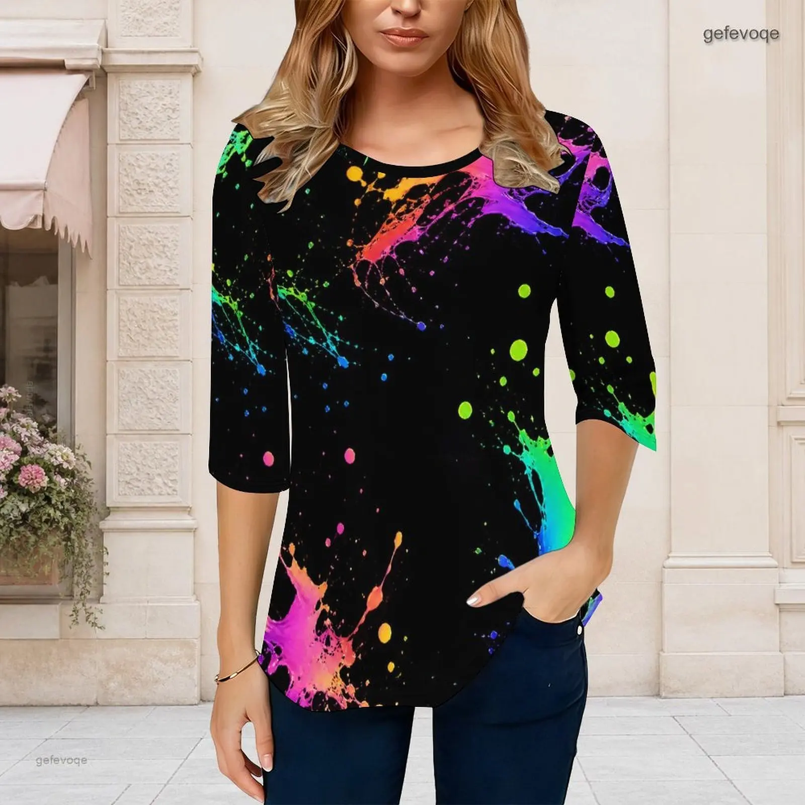 Women Round Neck 3/4 Sleeve Curved Hem Neon Paint Splatter Printed Top