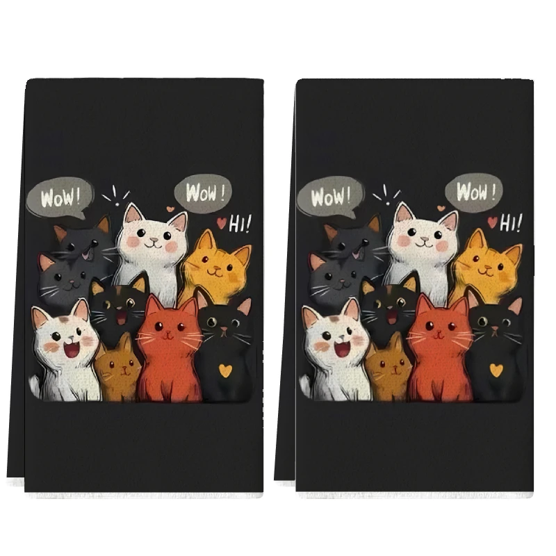 2Pcs, Black Background Cat-Themed Kitchen Towels, 40Cm*60Cm Towel Set, Super Absorbent Soft Cleaning Cloth, Cooking and Baking Tea Towel, Hand Towel, Cleaning Cloth, Dishcloth, Kitchen Decoration, Living Room Decoration, Kitchen Essentials, Home Essentials