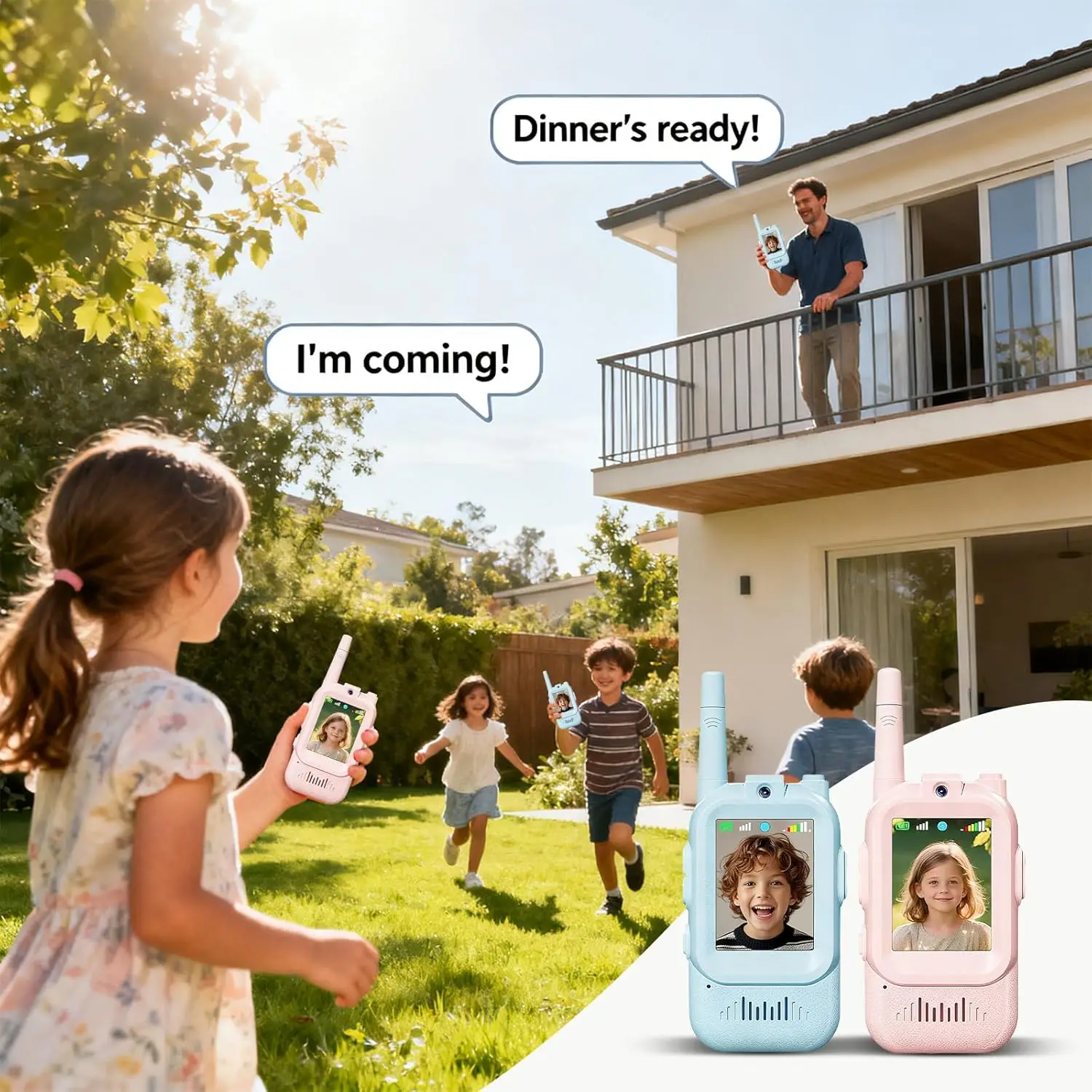 جهاز اتصال لاسلكي للأطفال مزود بفيديو عالي الدقة وكاميرا، قابل لإعادة الشحن عبر USB (650 مللي أمبير)، 4 أوضاع صوتية، نطاق 100-400 متر، تفاعل بين الوالدين والطفل